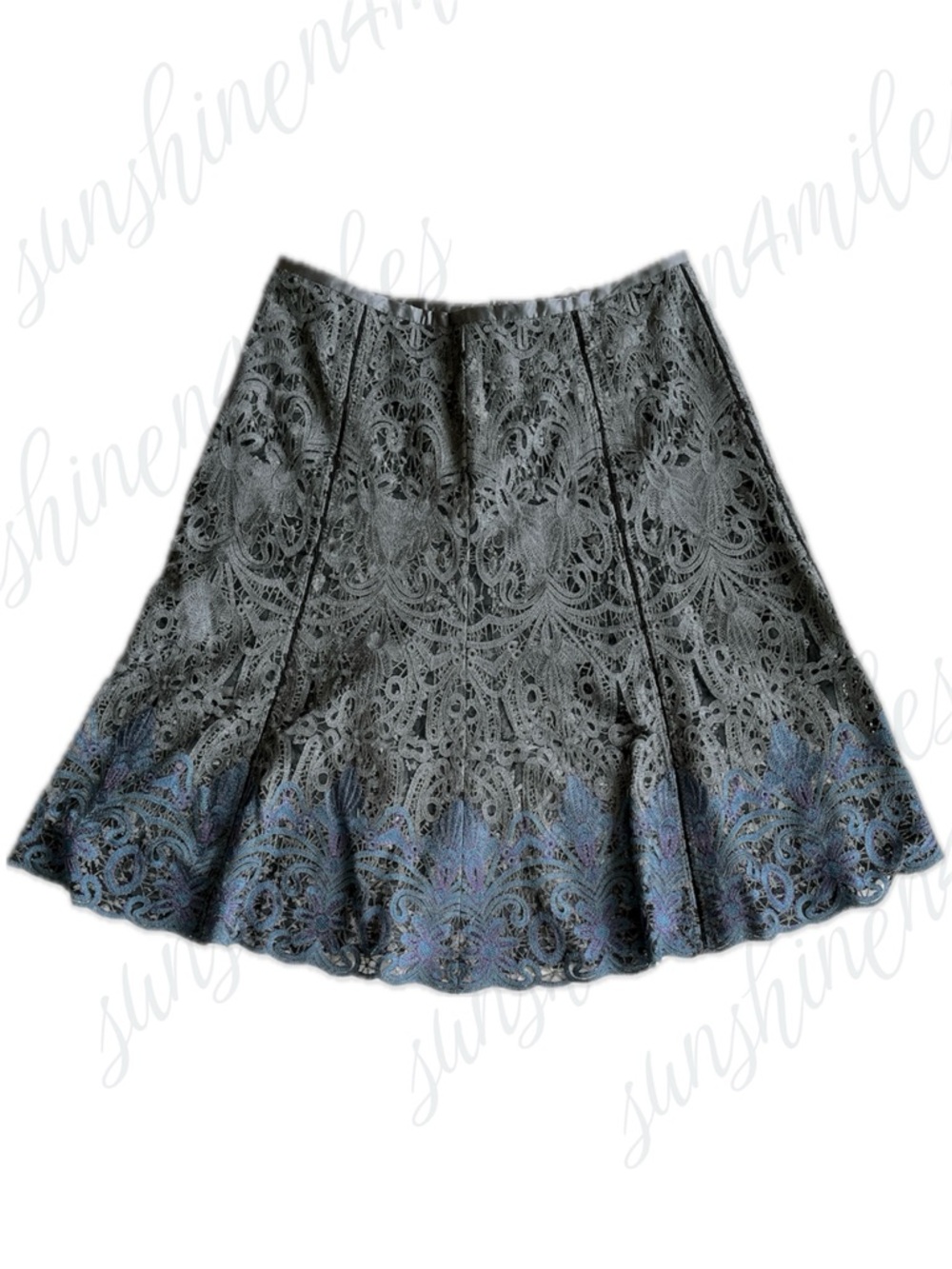 PETER NYARD Gray Blue Purple Damask Guipire Lace Paneled A-Line Skirt size 8